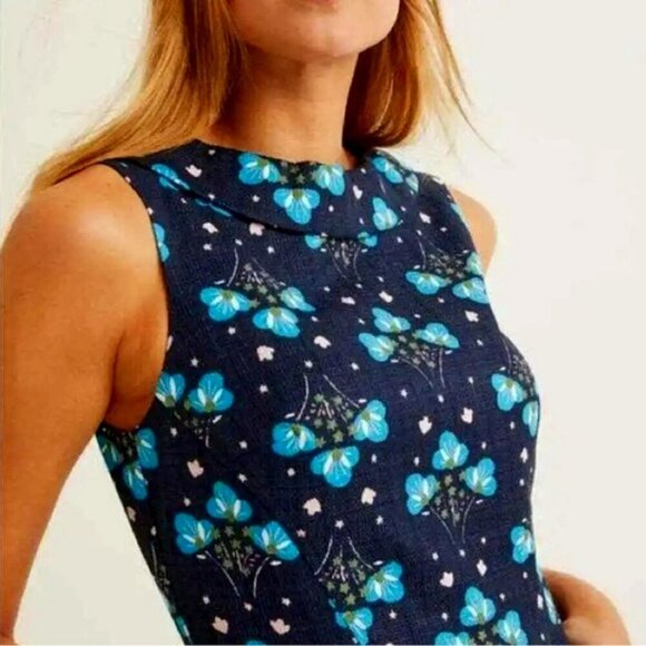 Boden Martha Navy & Blue Floral Sleeveless Roll Collar Sheath Pencil Dress 14 - Picture 5 of 11